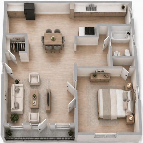 Floor plan for 1 bed, 1 bath, 700 sqft